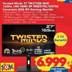 TWİSTED MİNDS 27 TM272QE QHD 165HZ 1MS HDMI DP FREESYNC/GSYNC ÇERÇEVESİZ RGB IPS GAMİNG/OYUN MONİTÖR